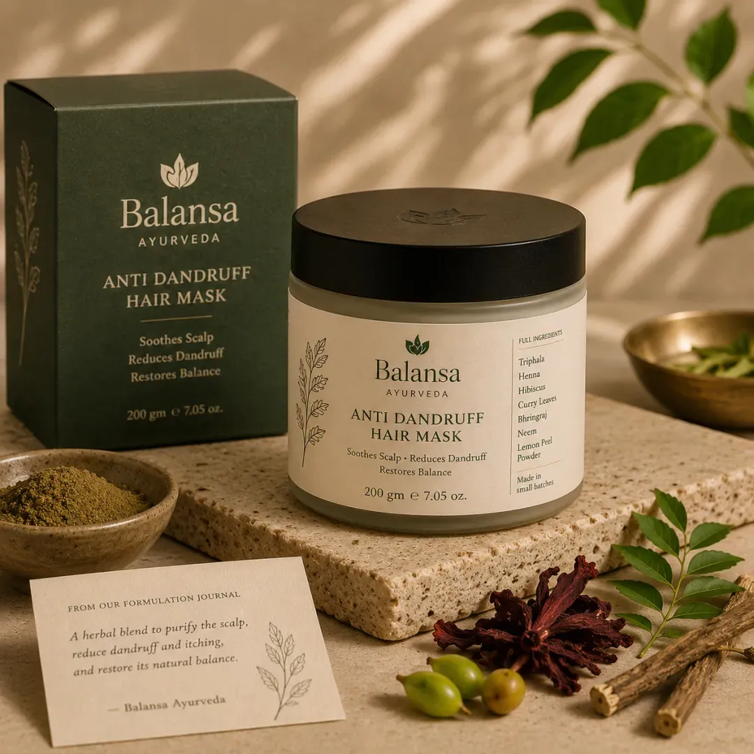 Jar of Balansa Ayurveda Anti Dandruff hair mask with neem and triphala to soothe a flaky scalp