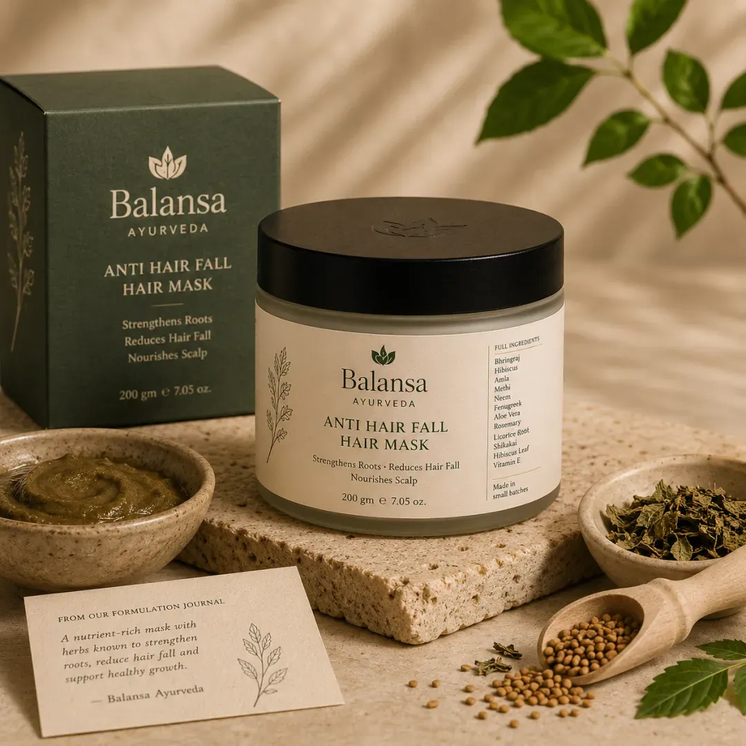 Jar of Balansa Ayurveda Anti Hair Fall hair mask, handmade to help reduce hair fall and add strength
