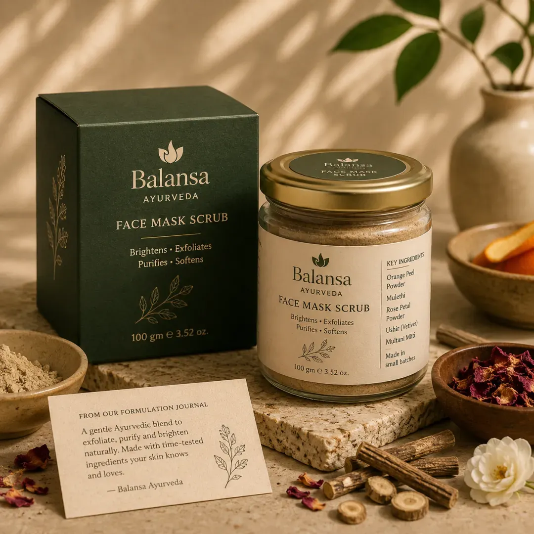 Jar of Balansa Ayurveda Face Mask Scrub with orange peel and multani mitti for fresh, buffed skin