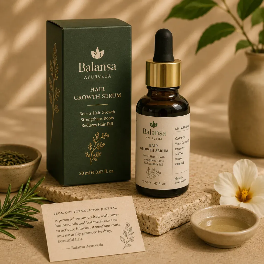 Bottle of Balansa Ayurveda Hair Growth Serum with rosemary and castor oil to support fuller hair