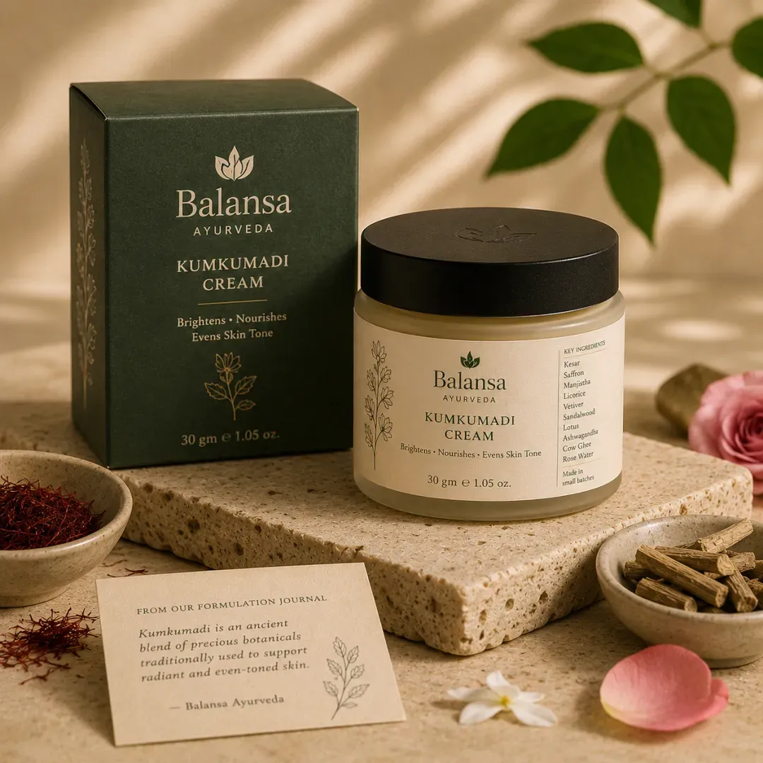 Jar of Balansa Ayurveda Kumkumadi face cream infused with kesar saffron for a natural glow