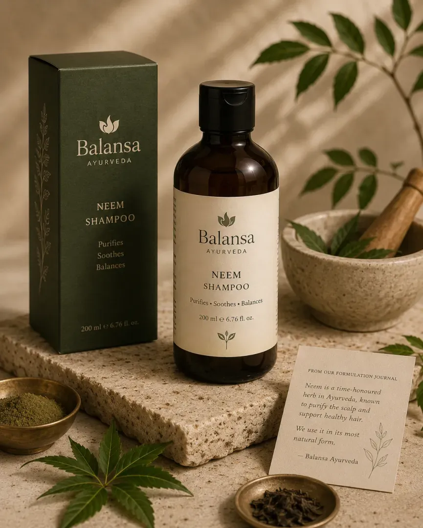 Bottle of Balansa Ayurveda Neem Shampoo with triphala and tea tree for a clean, fresh scalp