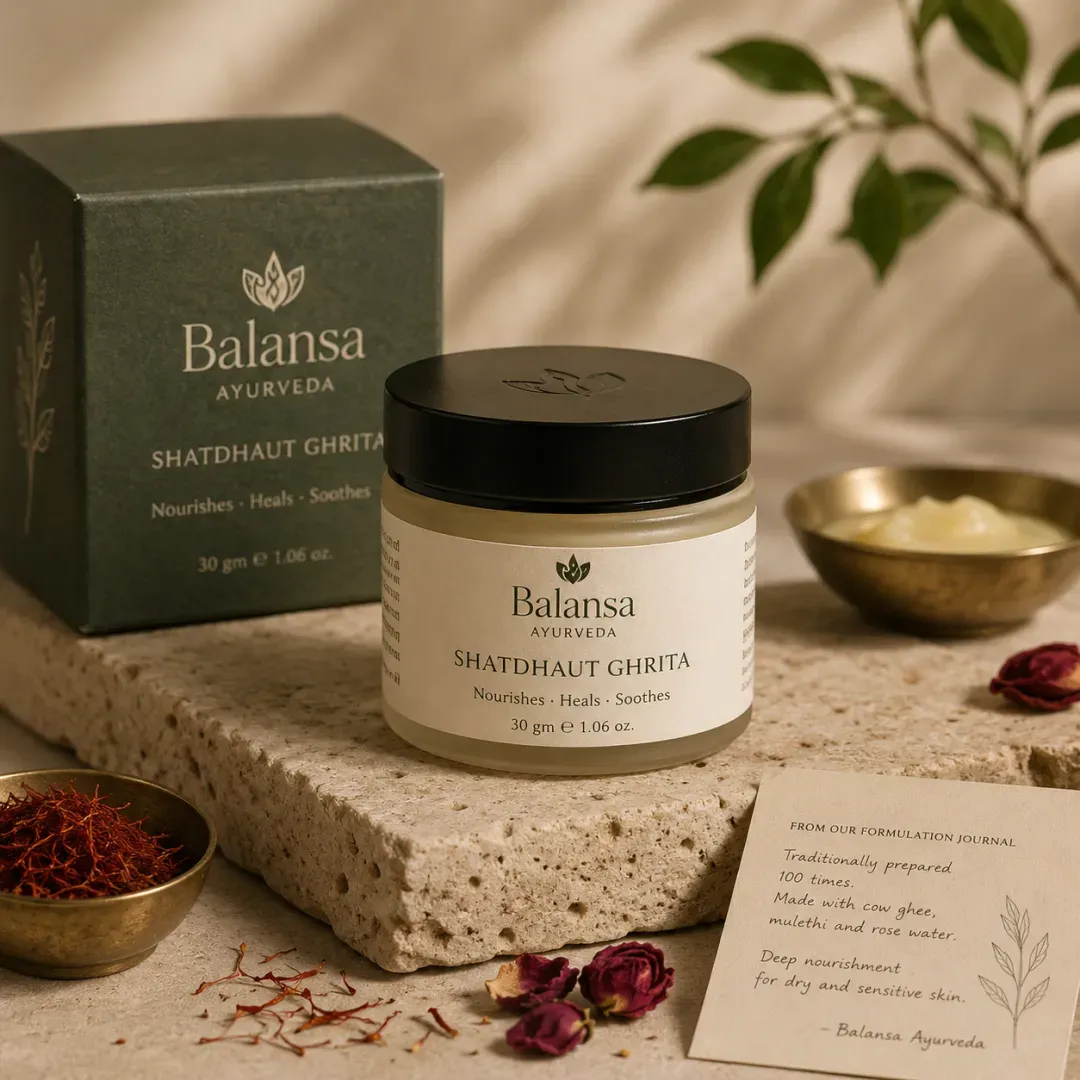 Jar of Balansa Ayurveda Shatdhaut Ghrita, a handmade hundred-times-washed cow ghee face cream for dry, dull skin