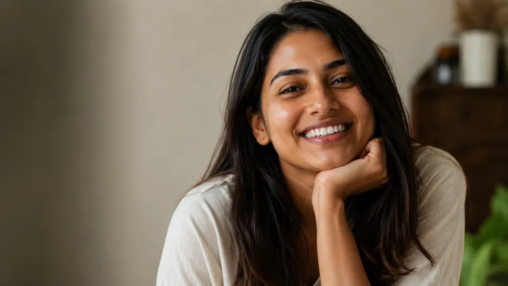 Ananya R., a smiling Balansa Ayurveda customer from Pune with soft, glowing skin