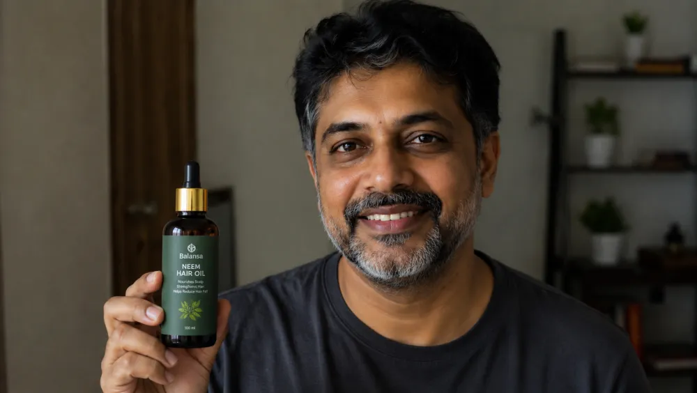 Karthik V., a Balansa Ayurveda customer from Bengaluru with strong, healthy hair